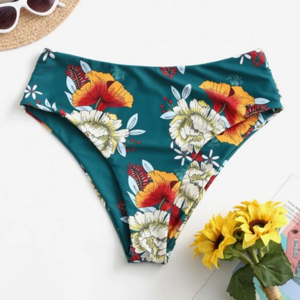 Teal High waisted floral bikini bottom